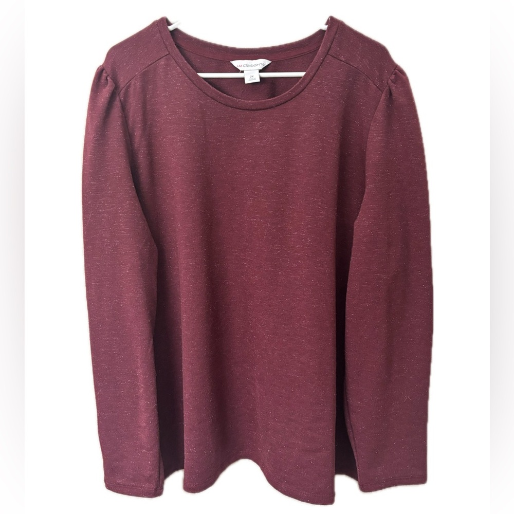 Liz Claiborne 2X Burgundy Knit Top Puff Sleeve Gold Button Detail Plus Size